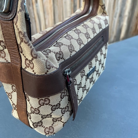 AUTHENTIC Gucci GG Canvas Shoulder Bag – Brown Leather Trim - Picture 1 of 14